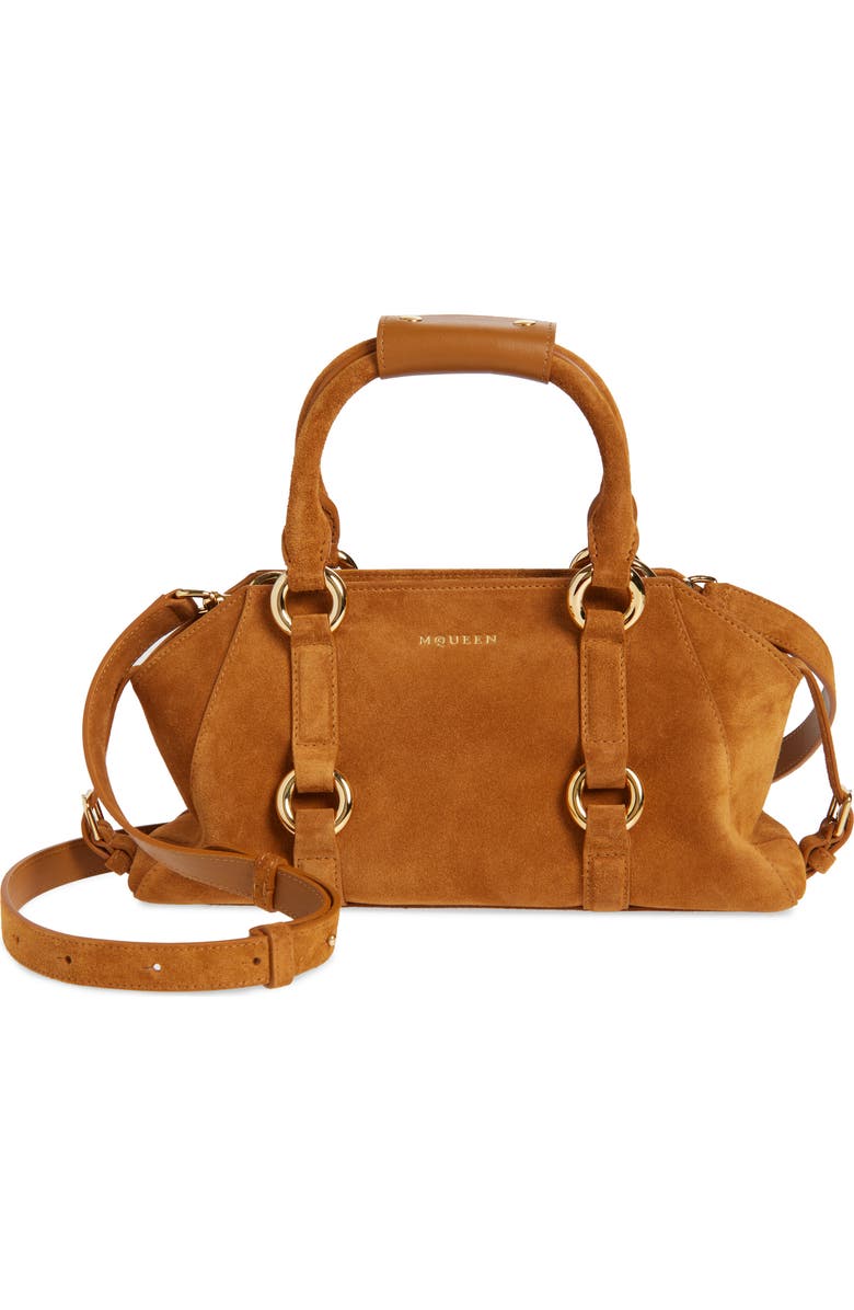 McQueen Small Farringdon Suede Satchel, Main, color, Tan/ Gold
