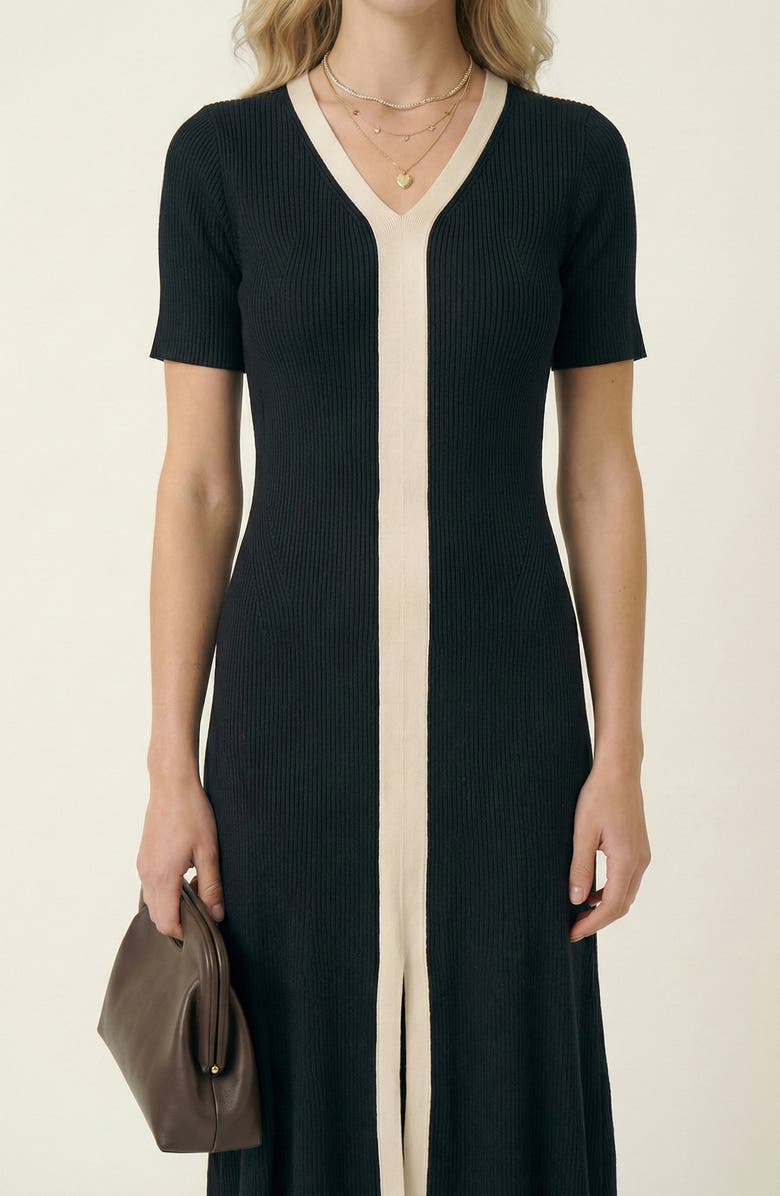 Modenaire Ribbed Knit Contrast Placket Midi Dress, Main, color, Black