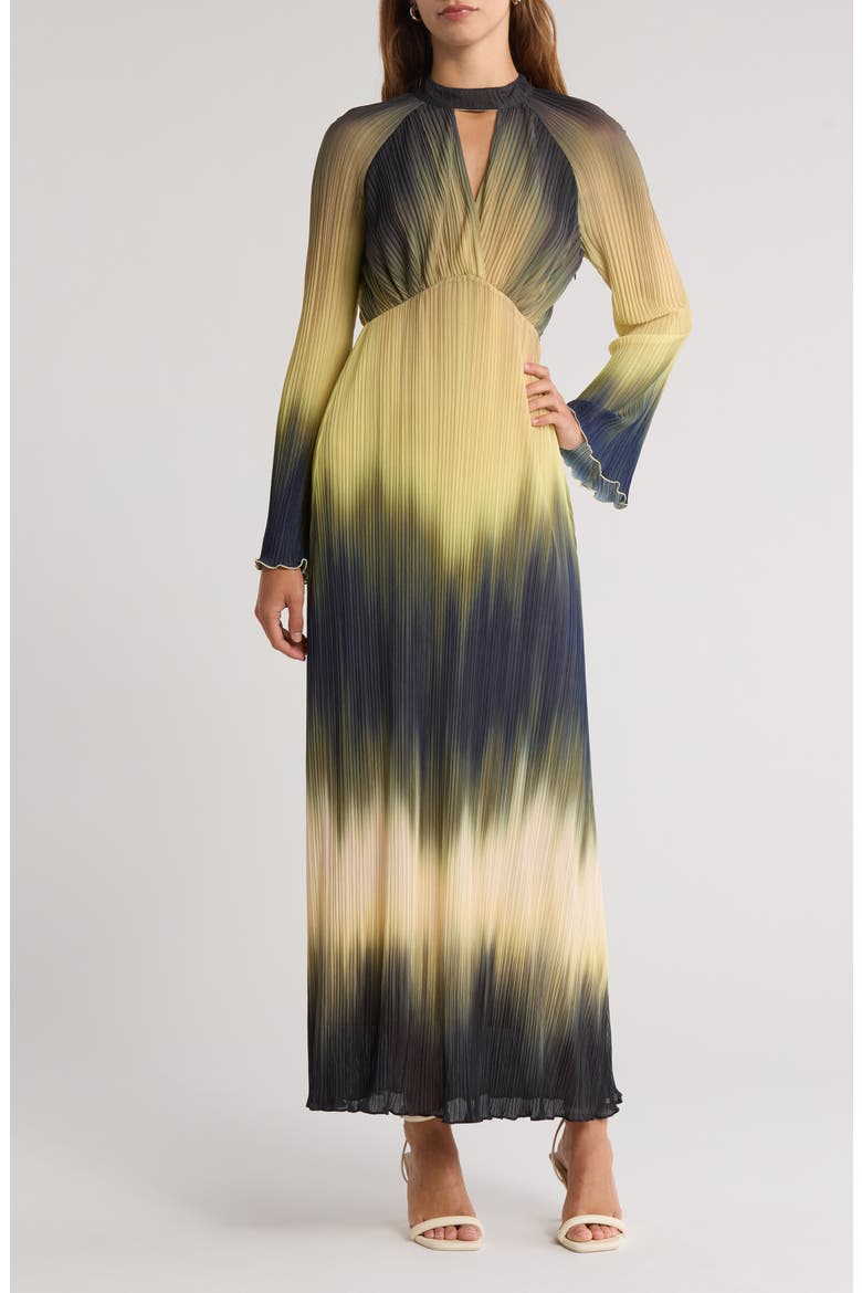 Calina Ombré Long Sleeve Plissé Maxi Dress, Main, color, ARMY OMBRE