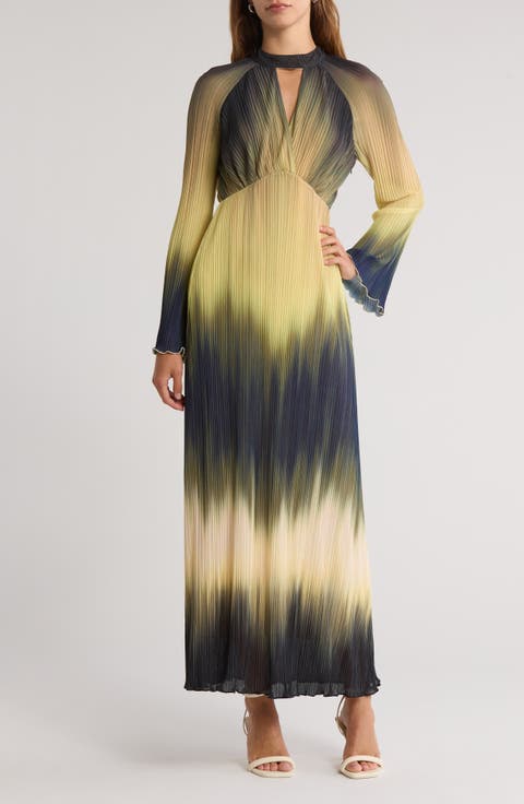 Calina Ombré Long Sleeve Plissé Maxi Dress