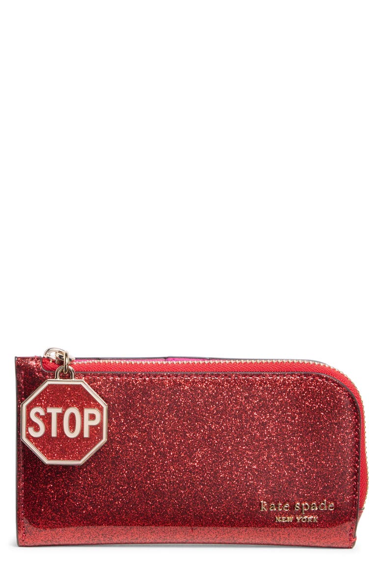 detour glitter patent leather slim bifold wallet, Main, color, RED MULTI