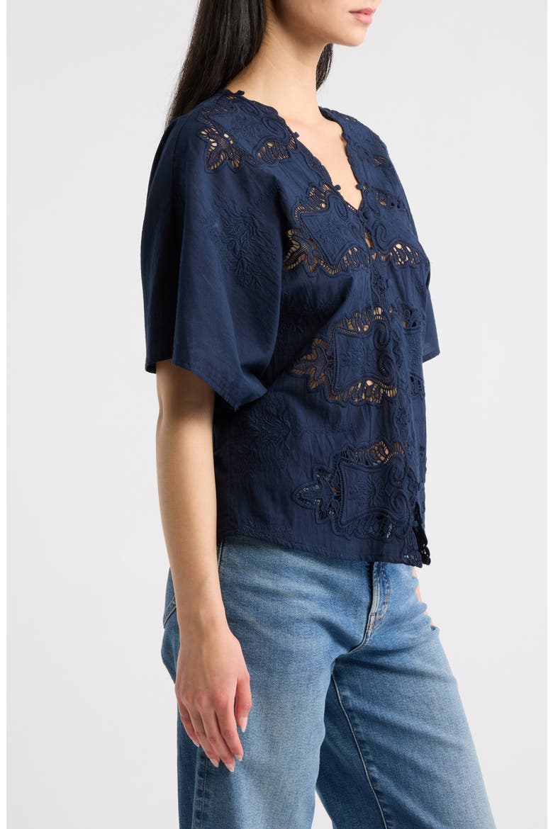 Embroidered Lace Short Sleeve Cotton Shirt, Alternate, color, NAVY VINTAGE LACE