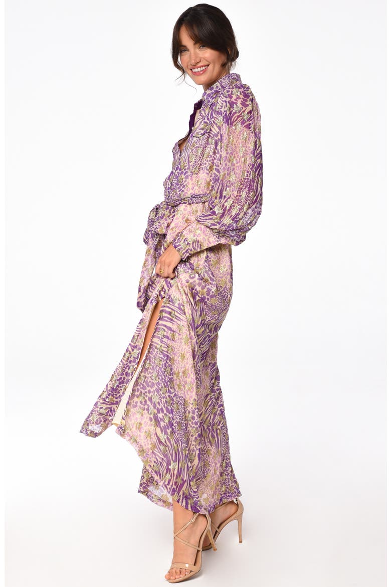 Beverly Metallic Tie Waist Long Sleeve Maxi Shirtdress, Alternate, color, PURPLE
