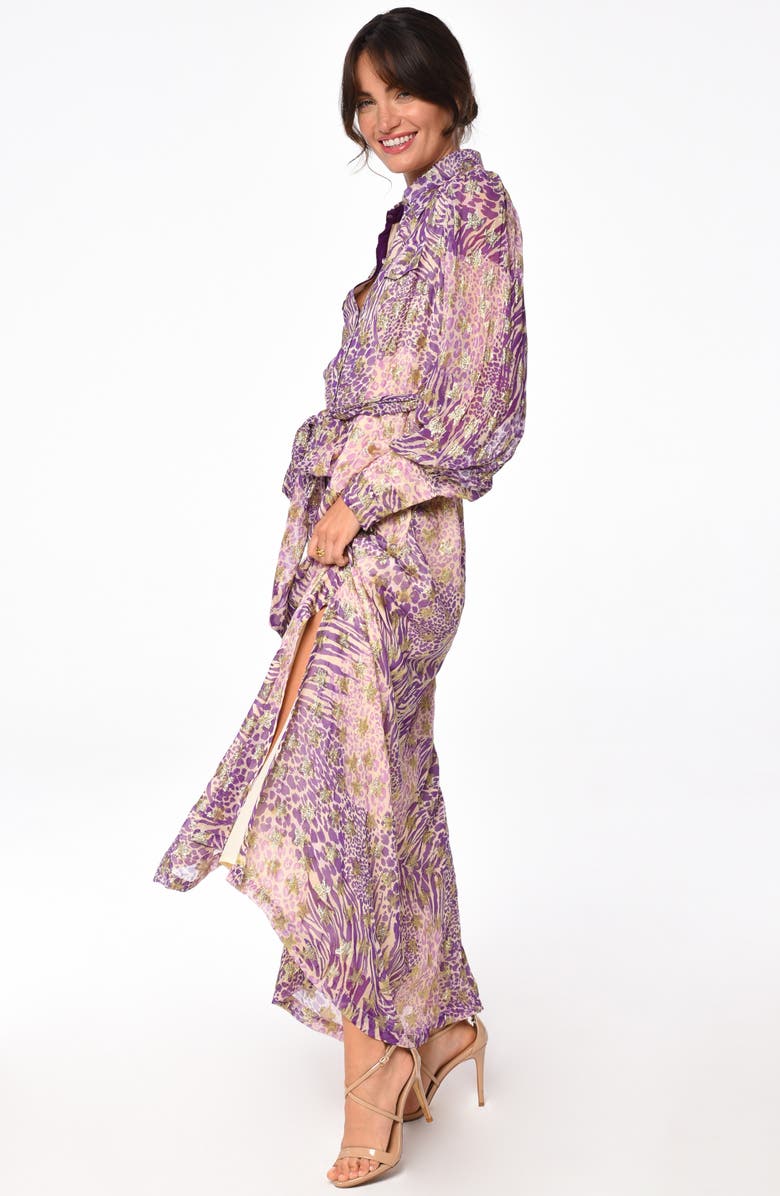 CIEBON Beverly Metallic Tie Waist Long Sleeve Maxi Shirtdress, Alternate, color, 