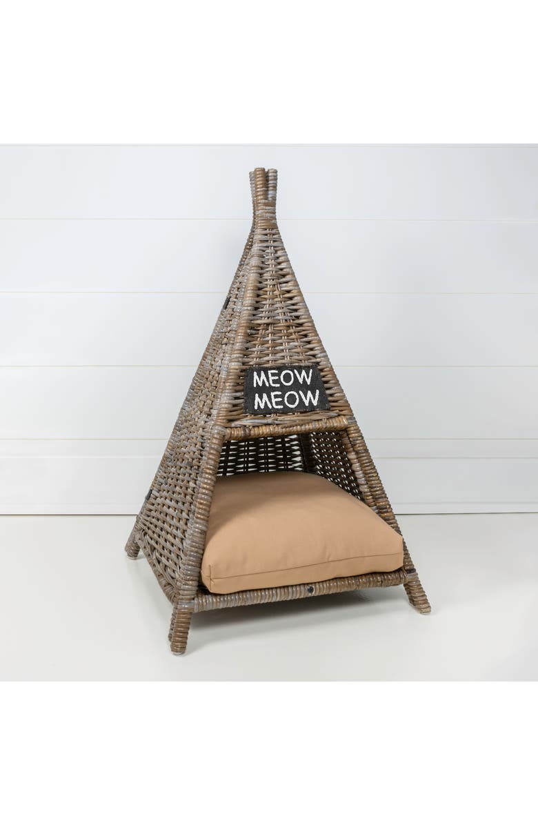 The Licker Store Tiki Tent 20" x 20" Coastal Handwoven Rattan Pet Bed with Machine-Washable Cushion, Alternate, color, Kubu Gray