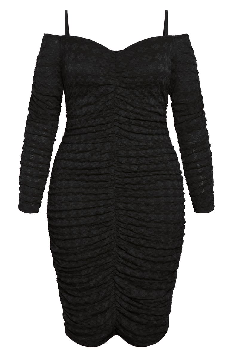 City Chic Esmerelda Ruched Cold Shoulder Long Sleeve Cocktail Minidress, Main, color, Black