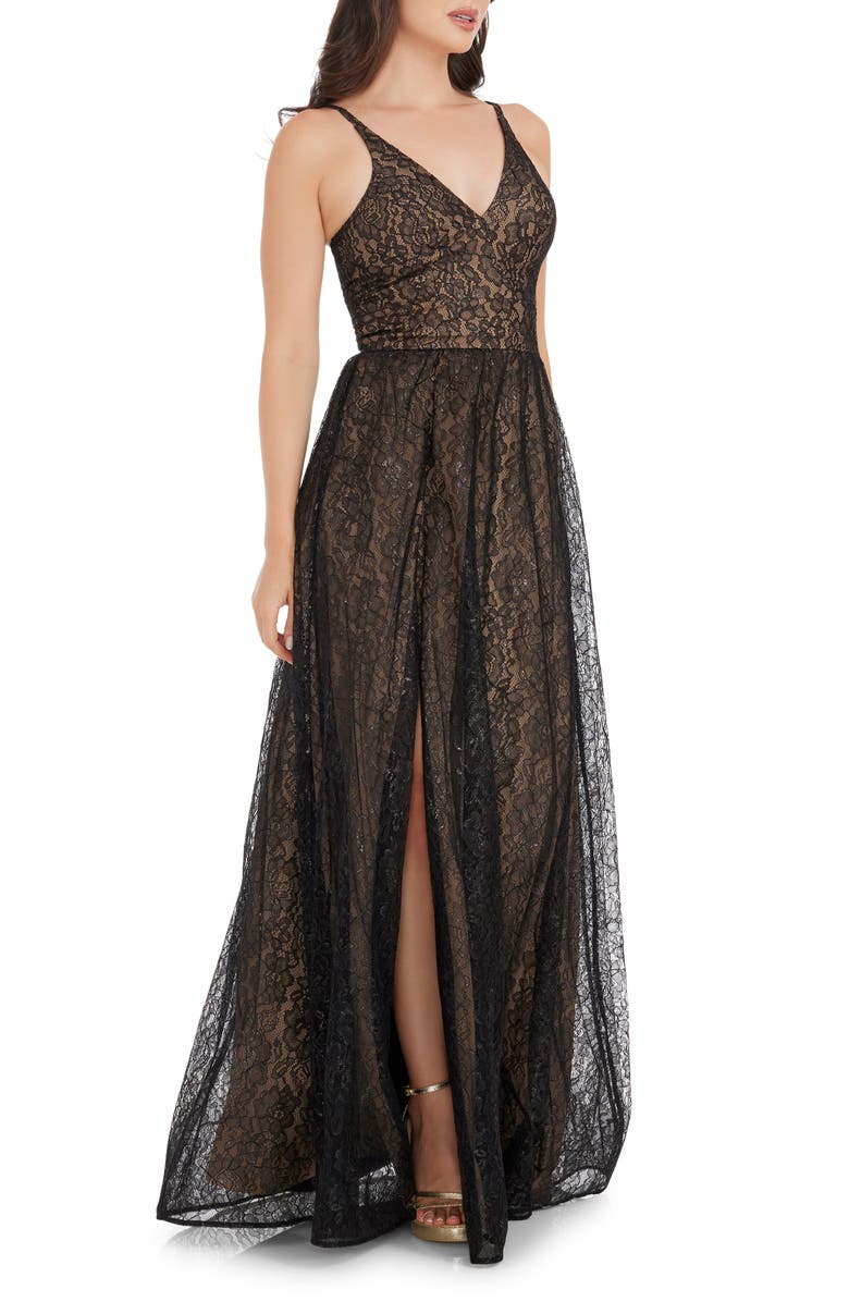 Dress the Population Danae Lace Gown, Alternate, color, Black- Beige