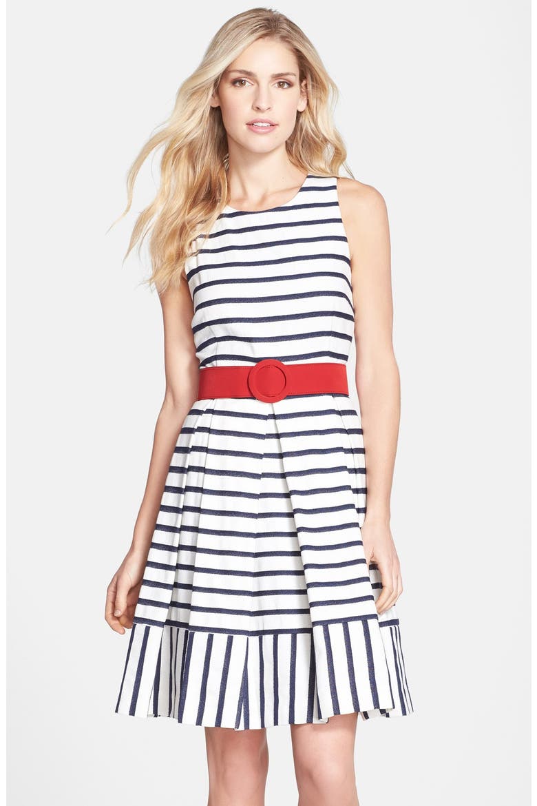 Belted Stripe Fit & Flare Dress, Main, color, NAVY/ IVORY