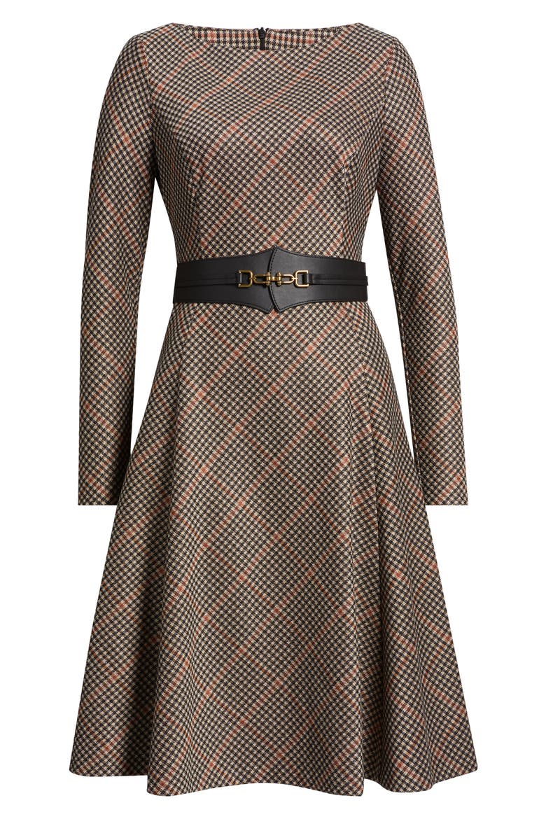 Check Bias Cut Long Sleeve Fit & Flare Dress, Alternate, color, BLACK COGNAC