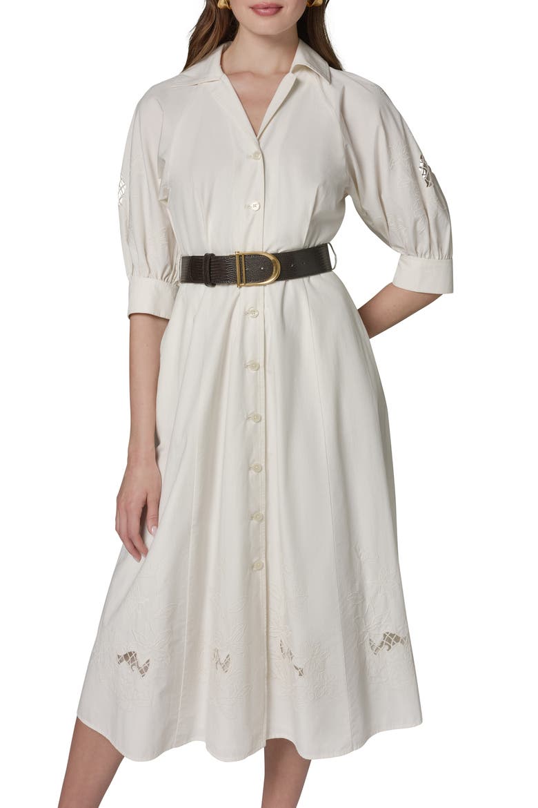 Embroidered Puff Sleeve Belted Cotton Shirtdress, Alternate, color, CREAM/ CREAM