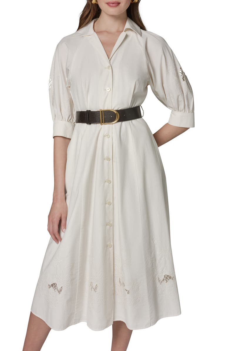Donna Karan New York Embroidered Puff Sleeve Belted Cotton Shirtdress, Alternate, color, Cream/ Cream