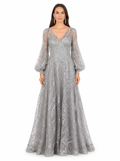 V Neckline Long Sleeve Gown