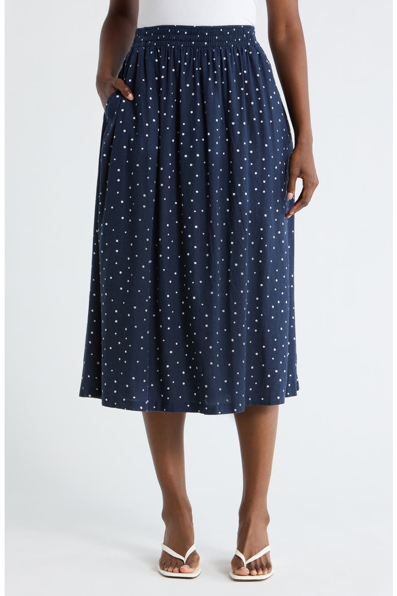 Linen Blend Pull-On Skirt, Main, color, NAVY STILL- WHITE CABANA DOT