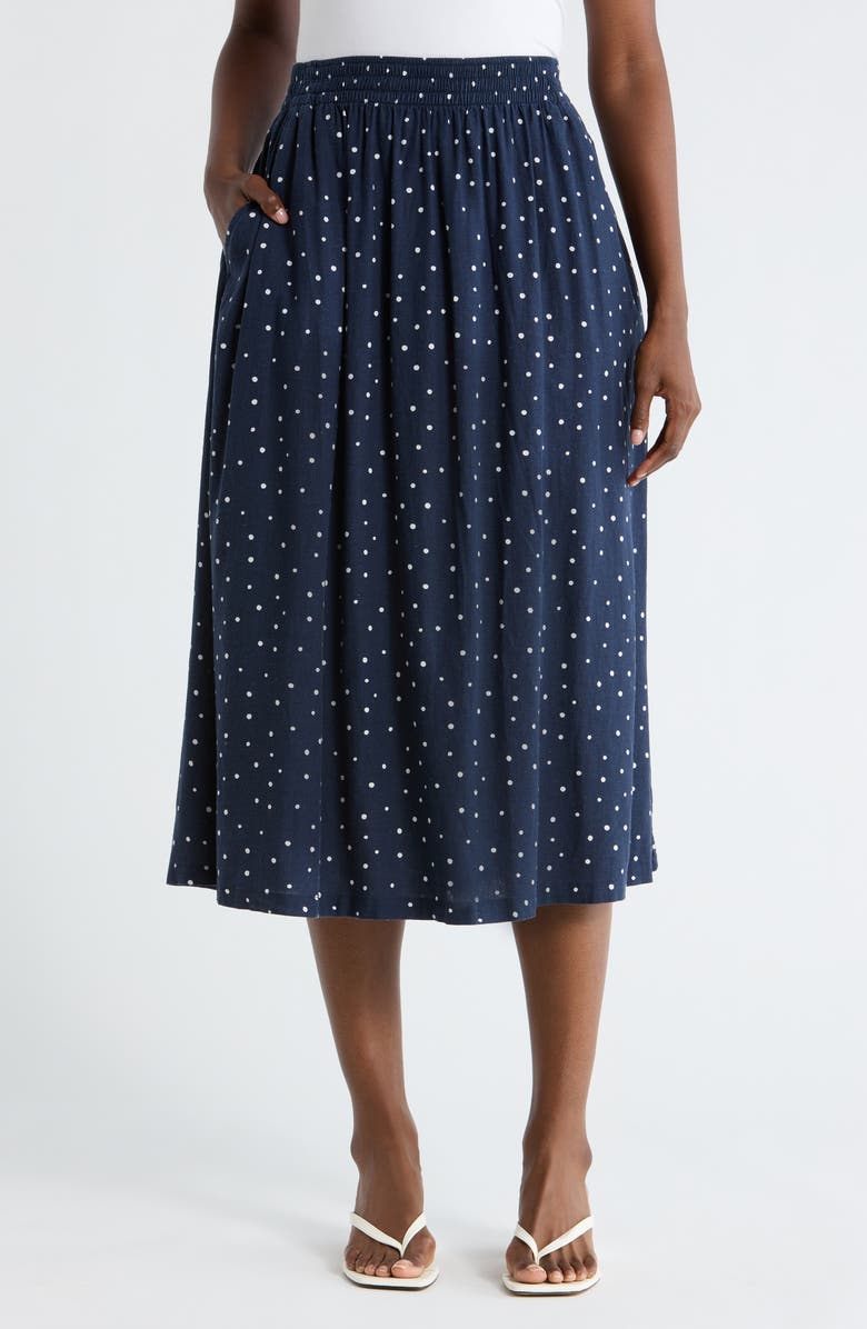 Caslon<sup>®</sup> Linen Blend Pull-On Skirt, Main, color, Navy Still- White Cabana Dot