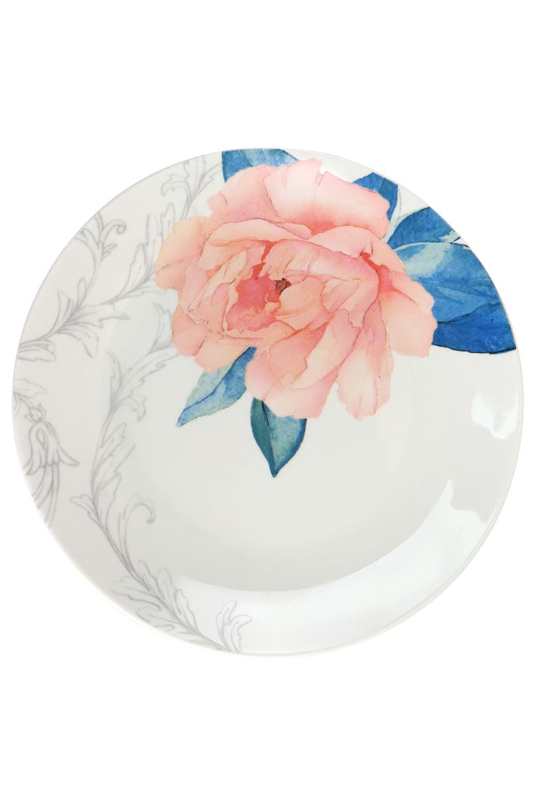 8 Inch Fine Ceramic 6 Piece Floral Decorated Dessert Plate Set, Alternate, color, White