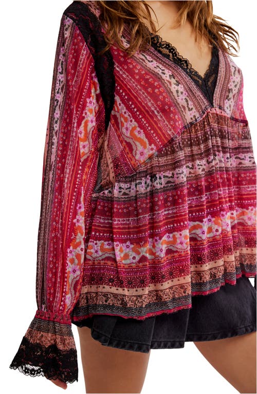 Free People Natalie Print Lace Long Sleeve Minidress In Plum Combo