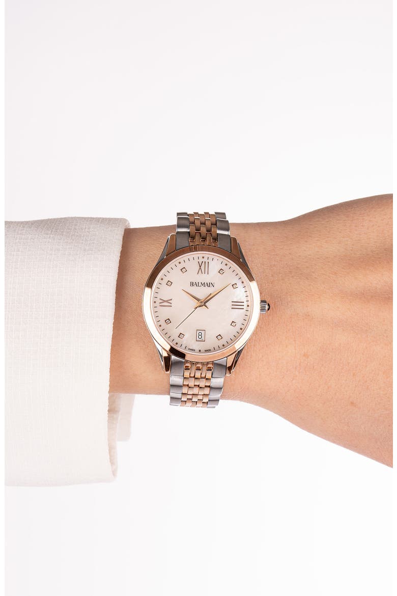 Classic R Diamond Two-Tone Bracelet Watch, 34mm, Alternate, color, STAINLESS STEEL/ ROSE GOLD