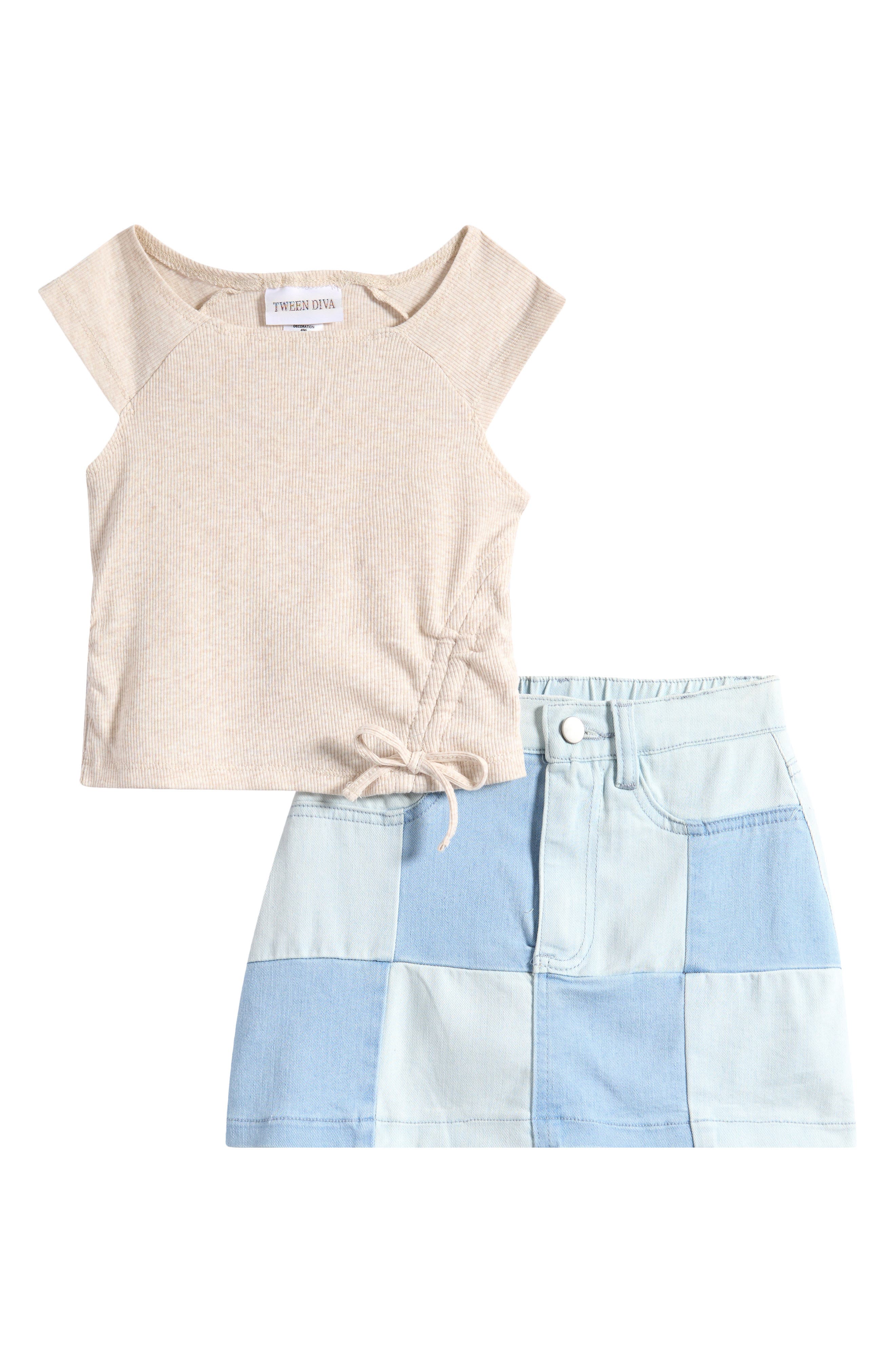Tween Diva Kids' Asymmetric Ruched Rib Knit Top & Denim Skirt Set