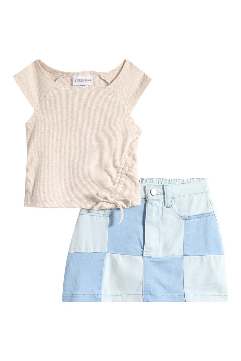 Kids' Asymmetric Ruched Rib Knit Top & Denim Skirt Set, Main, color, OATMEAL
