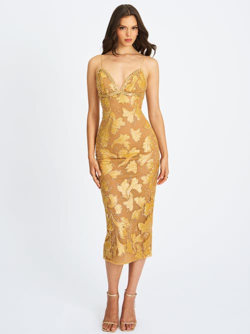 Miss Circle Women Edie Gold Beaded Sequin Midi Pencil Dress In Brown