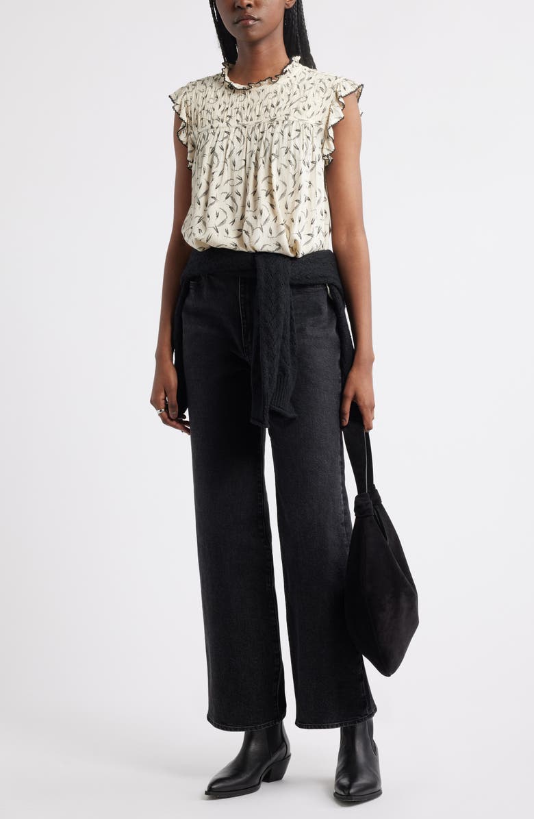 Treasure & Bond Shirred Ruffle Sleeve Top, Alternate, color, Ivory- Black Grassy Meadow