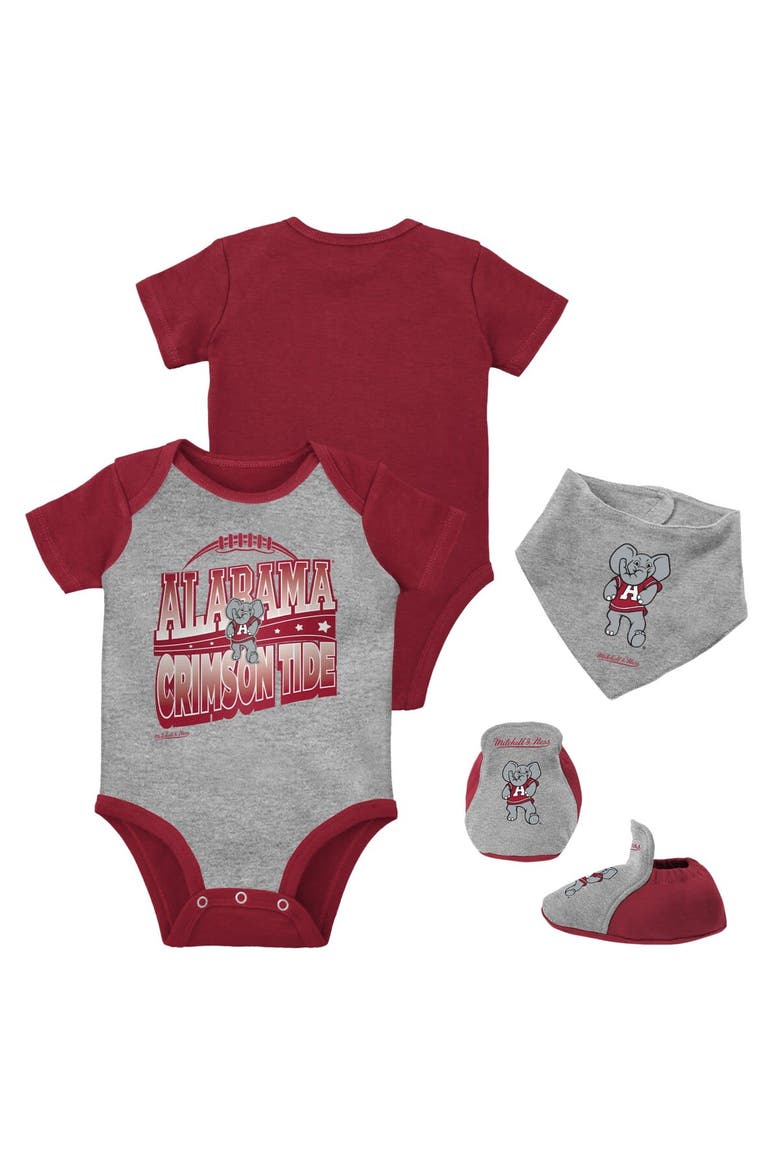 Infant Mitchell & Ness Crimson/Heather Gray Alabama Crimson Tide 3-Pack Bodysuit, Bib and Bootie Set, Main, color, Crimson