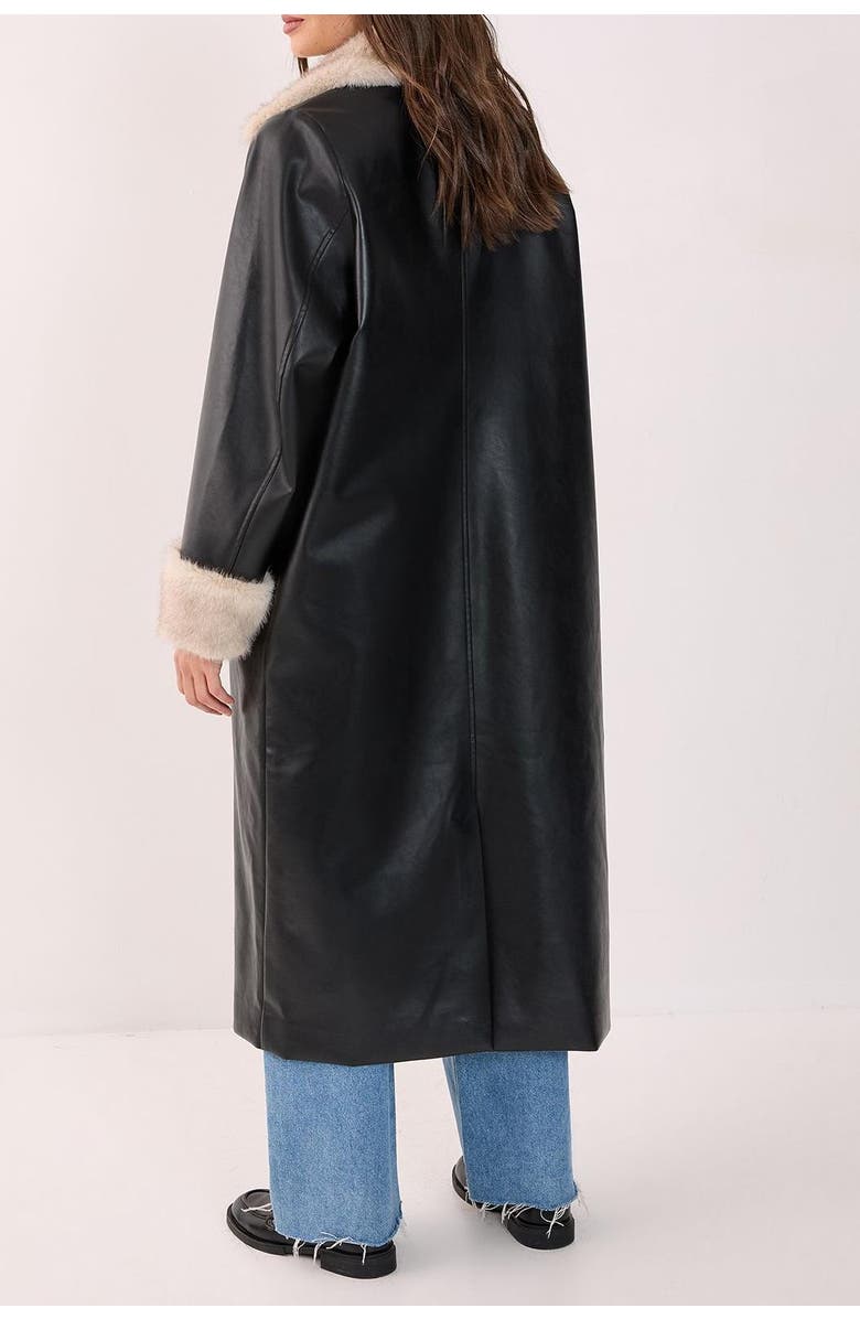 NASTY GAL Faux Leather Longline Fur Trim Coat, Alternate, color, Black