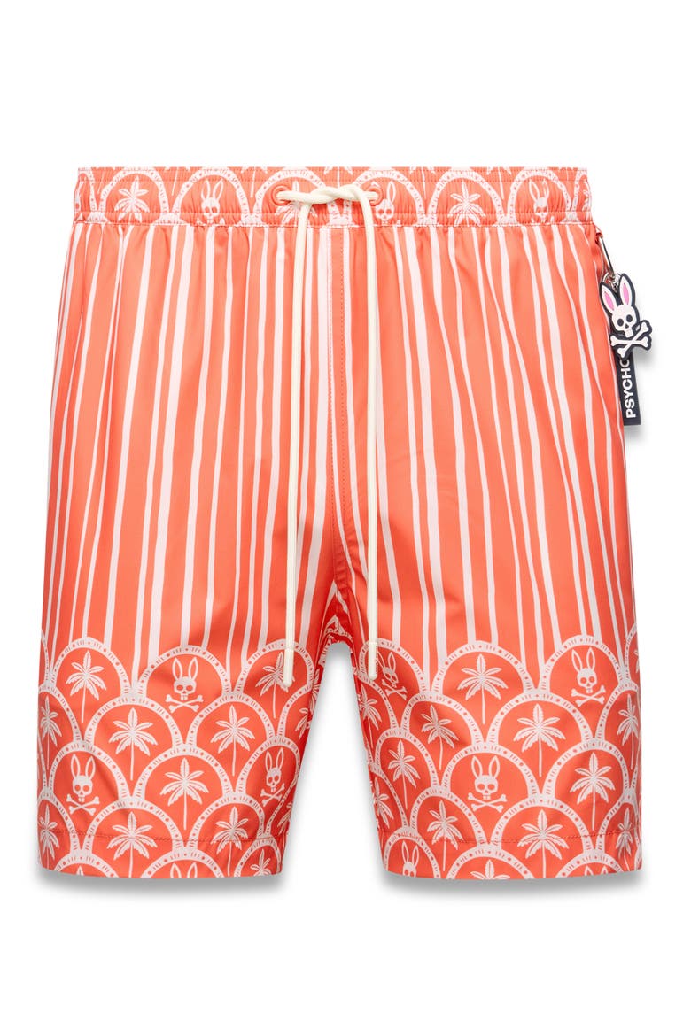 Brad Palm Tree & Bunny Print 6-Inch Swim Trunks, Alternate, color, EMBERGLOW