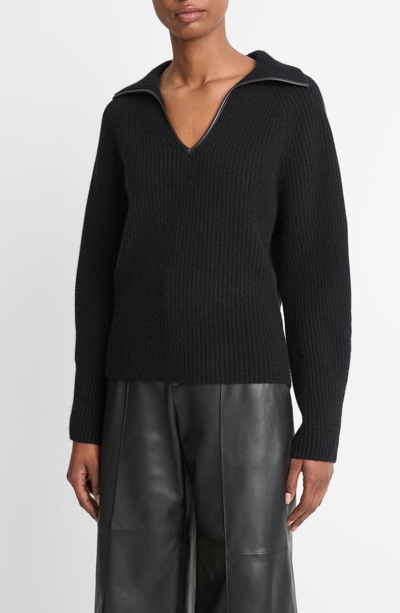 Vince Leather Trim Wool & Cashmere Sweater, Alternate, color, Black