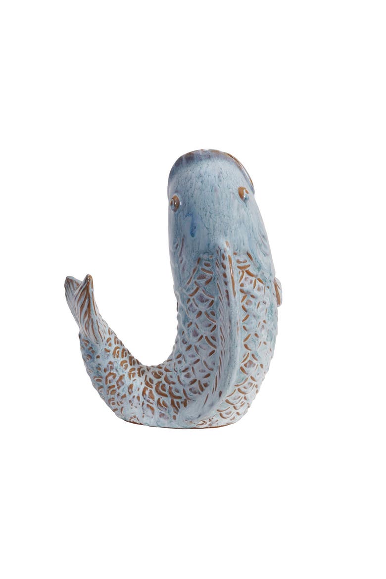 Stoneware Fish Shaped Vase with Reactive Glaze, Blue, Alternate, color, Blue