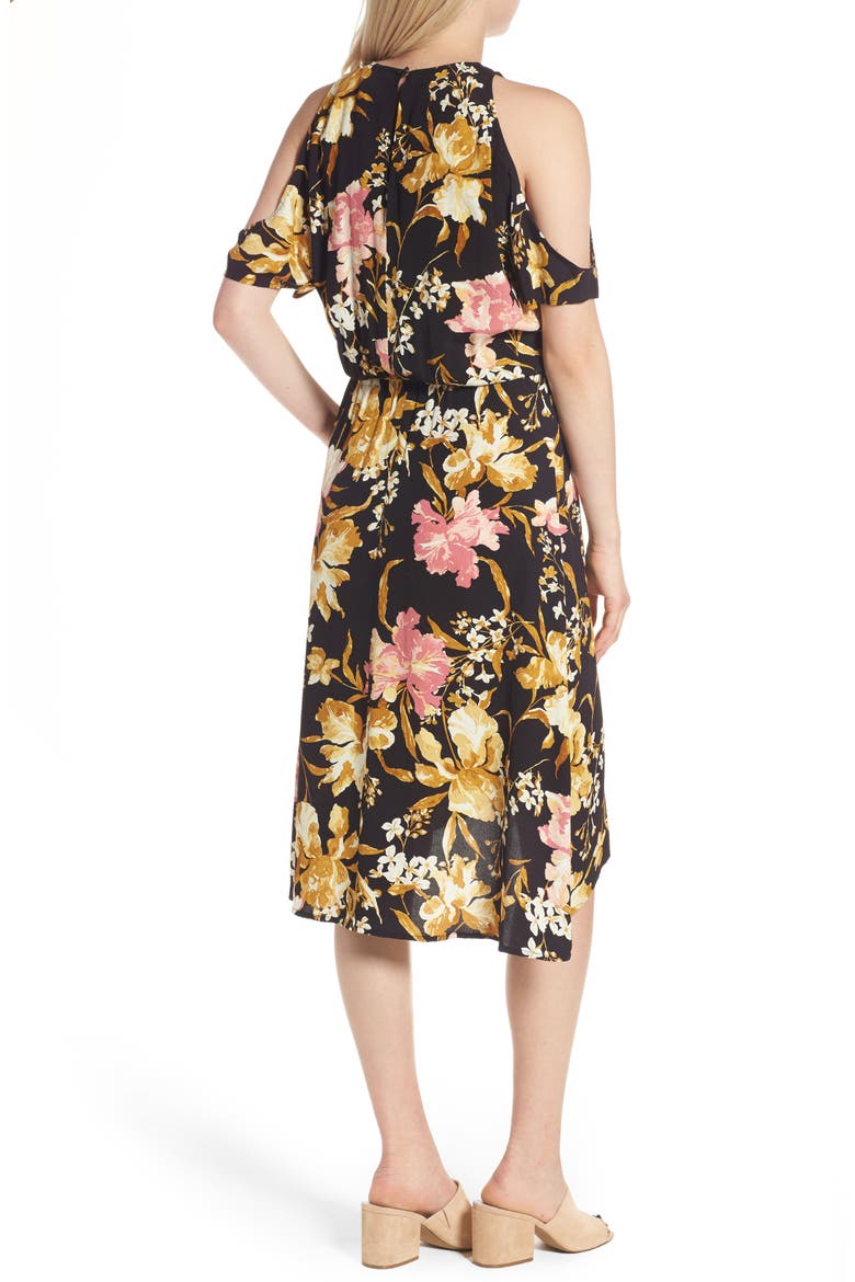 Cold Shoulder Midi Dress, Alternate, color, BLACK MIXED FLORAL