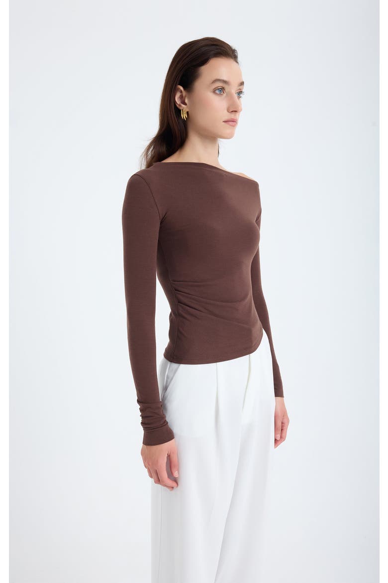 Aura One-Shoulder Draped Stretch Top, Alternate, color, Brown