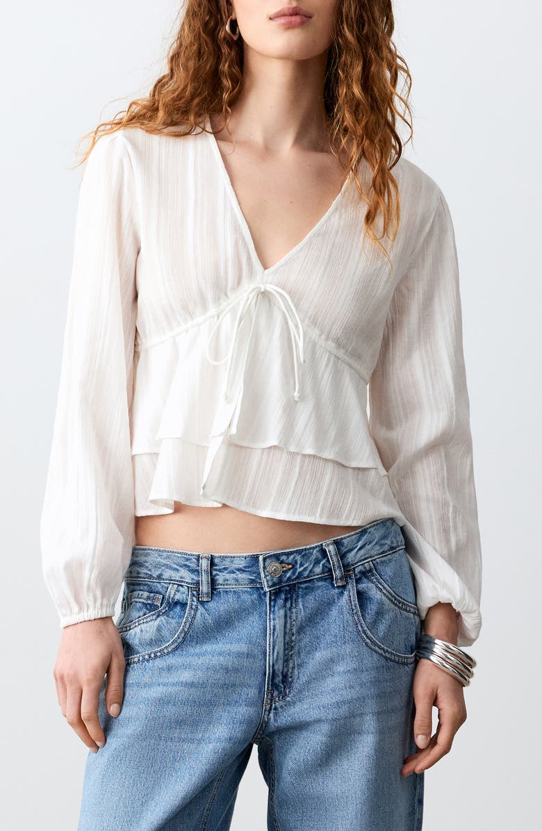 MANGO TEEN Long Sleeve Ruffle Bow Top, Main, color, Off White