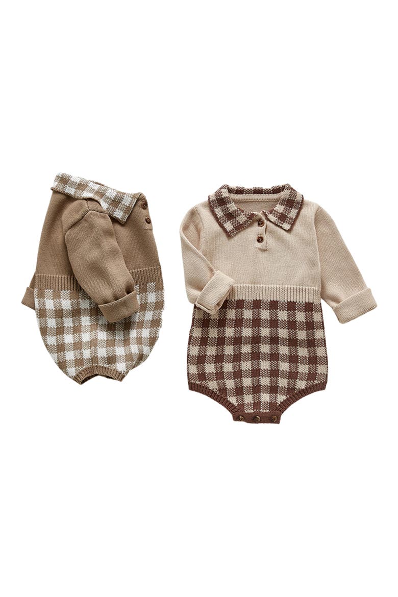 Hazel Gingham Long Sleeve Knit Cotton Bodysuit, Alternate, color, BEIGE