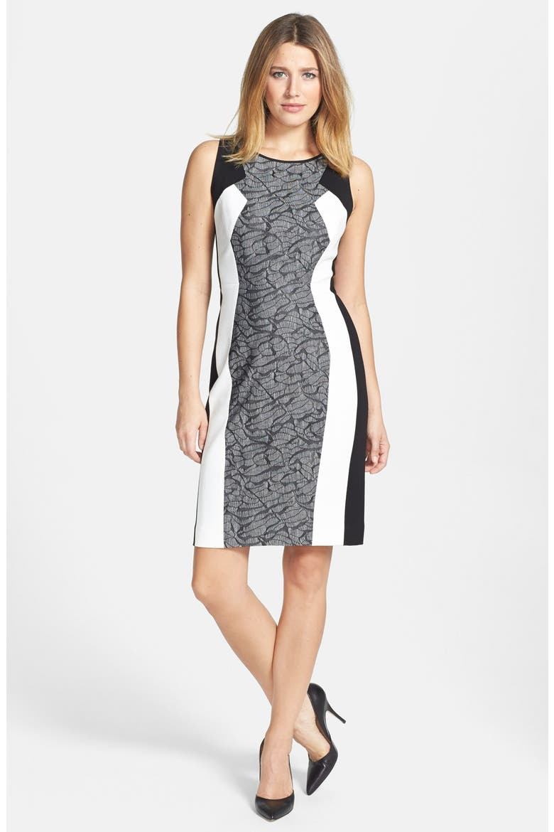 'Spector' Lace & Ponte Sheath Dress, Main, color, BLACK- LACE STRIPE COMBO