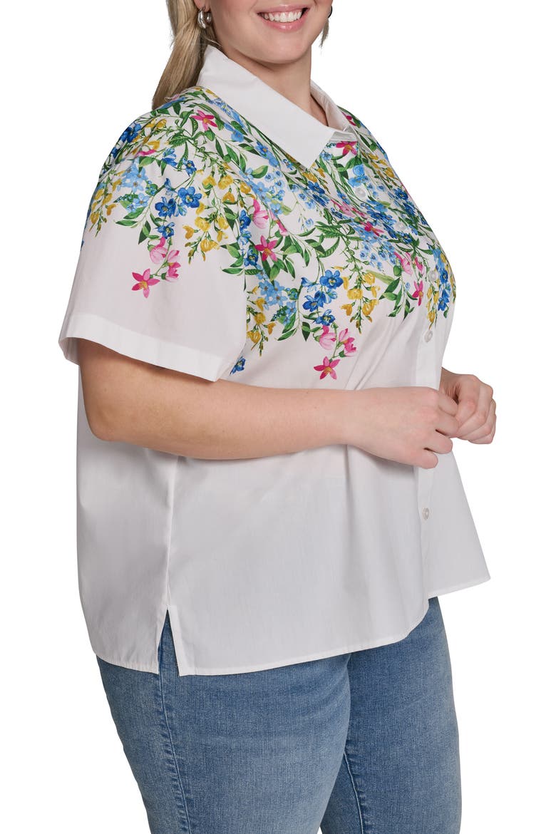Placed Floral Short Sleeve Cotton Sateen Button-Up Shirt, Alternate, color, SOFT WHITE COMBO