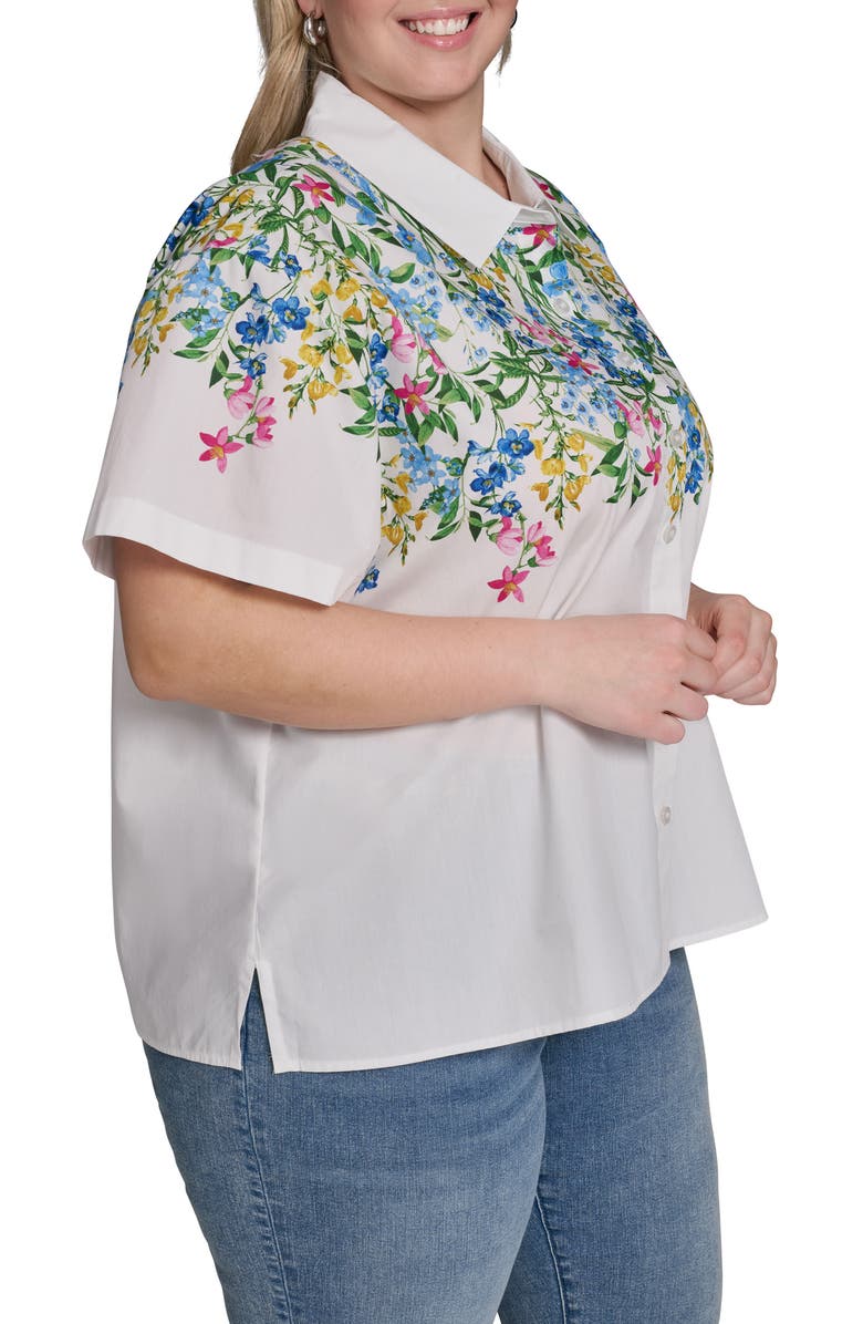 KARL LAGERFELD PARIS Placed Floral Short Sleeve Cotton Sateen Button-Up Shirt, Alternate, color, Soft White Combo