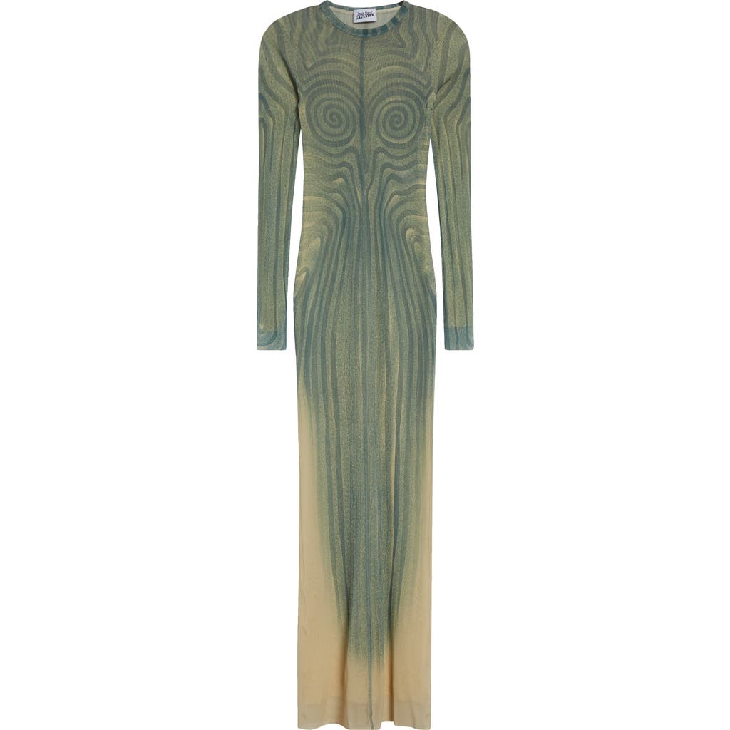 Shop Jean Paul Gaultier Spiral Long Sleeve Mesh Dress In Ecru/aqua