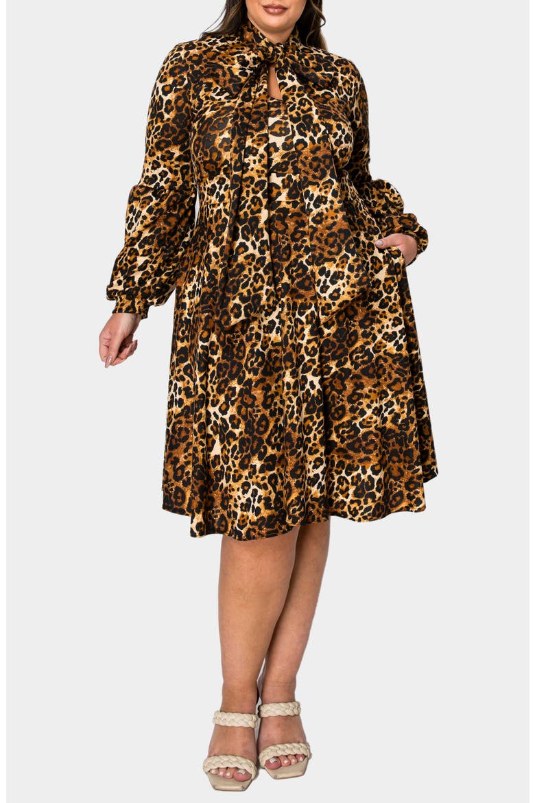 Zayleigh Leopard Print Tie Neck Long Sleeve Dress, Main, color, TAUPE