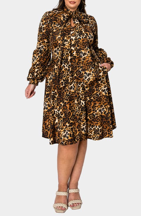 Zayleigh Leopard Print Tie Neck Long Sleeve Dress (Plus)