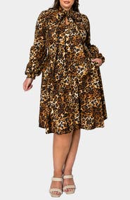 L I V D Zayleigh Leopard Print Tie Neck Long Sleeve Dress