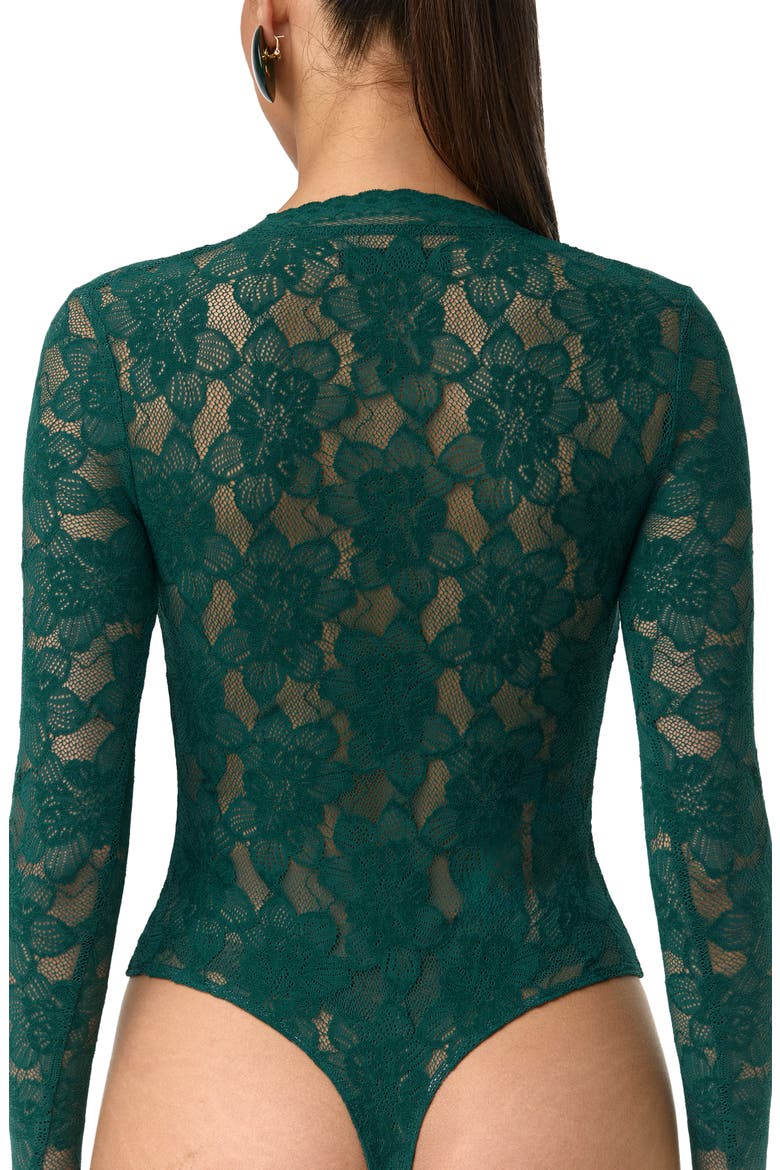Deep V-Neck Long Sleeve Lace Bodysuit, Alternate, color, PINE GREEN