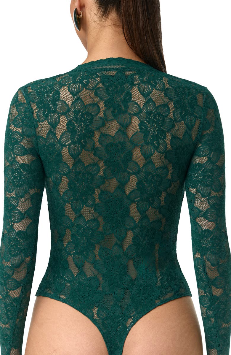 Naked Wardrobe Deep V-Neck Long Sleeve Lace Bodysuit, Alternate, color, Pine Green