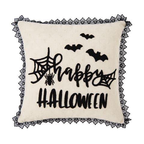 Happy Halloween Embroidered Bats and Spiderweb Throw Pillow, 18" x 18"