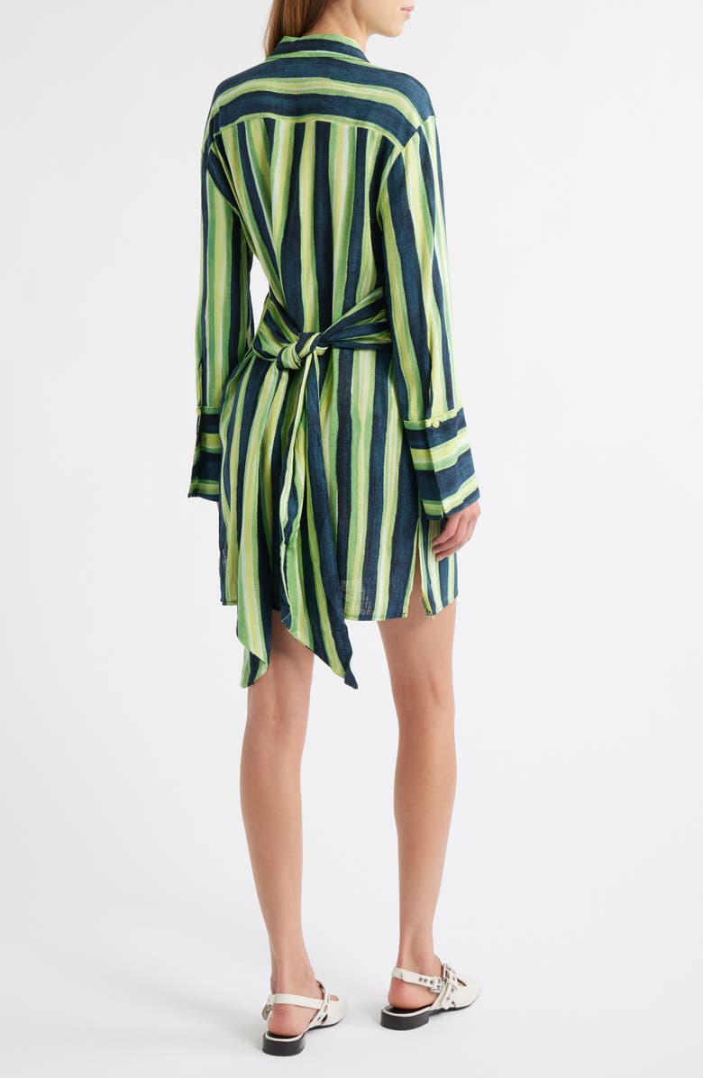 Topshop Stripe Tie Waist Long Sleeve Mini Shirtdress, Alternate, color, Medium Green