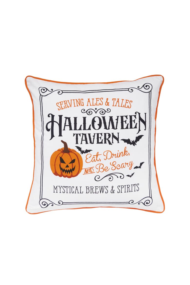 Halloween Tavern Pumpkin Jack-O-Lantern Accent Throw Pillow, 18" x 18", Main, color, White