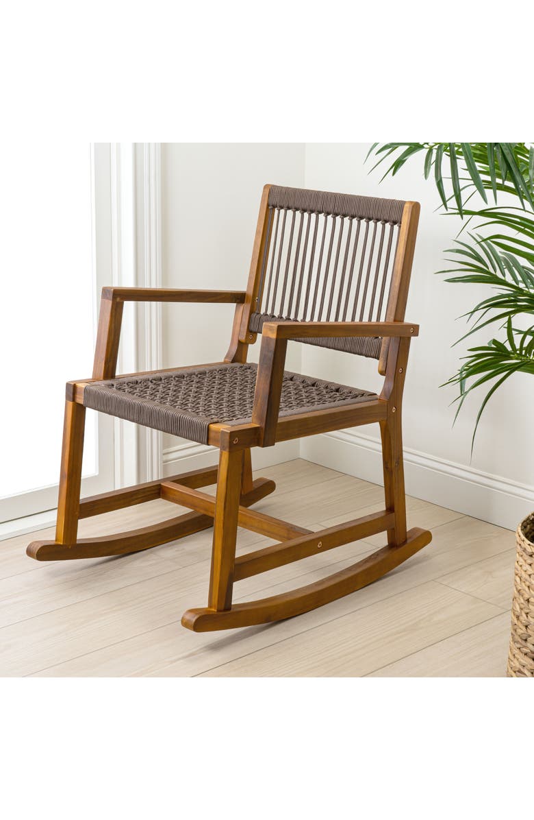 JONATHAN Y Laguna Coastal Casual 352-LBS Support Acacia Wood and Woven Rope Outdoor Rocking Chair, Alternate, color, Brown