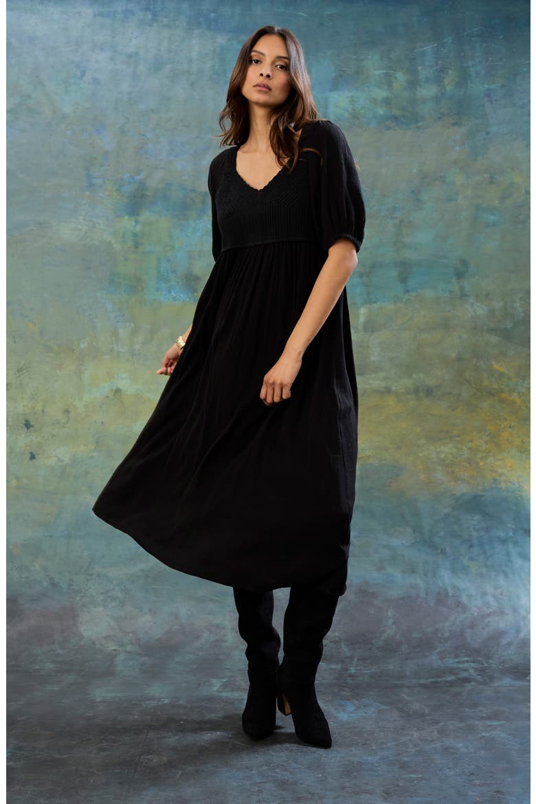 Mixed Media Midi Dress, Alternate, color, BLACK