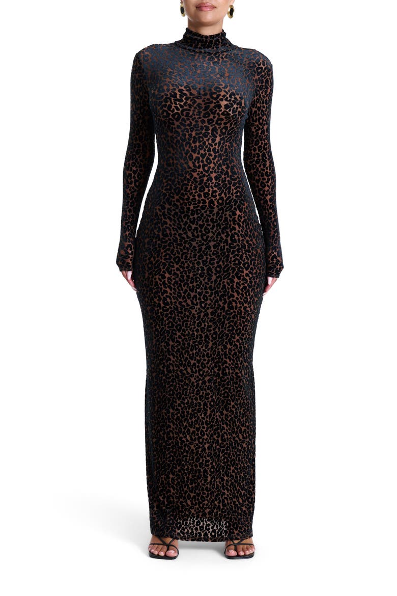 Burnout Long Sleeve Maxi Dress, Main, color, LEOPARD WARM BEIGE