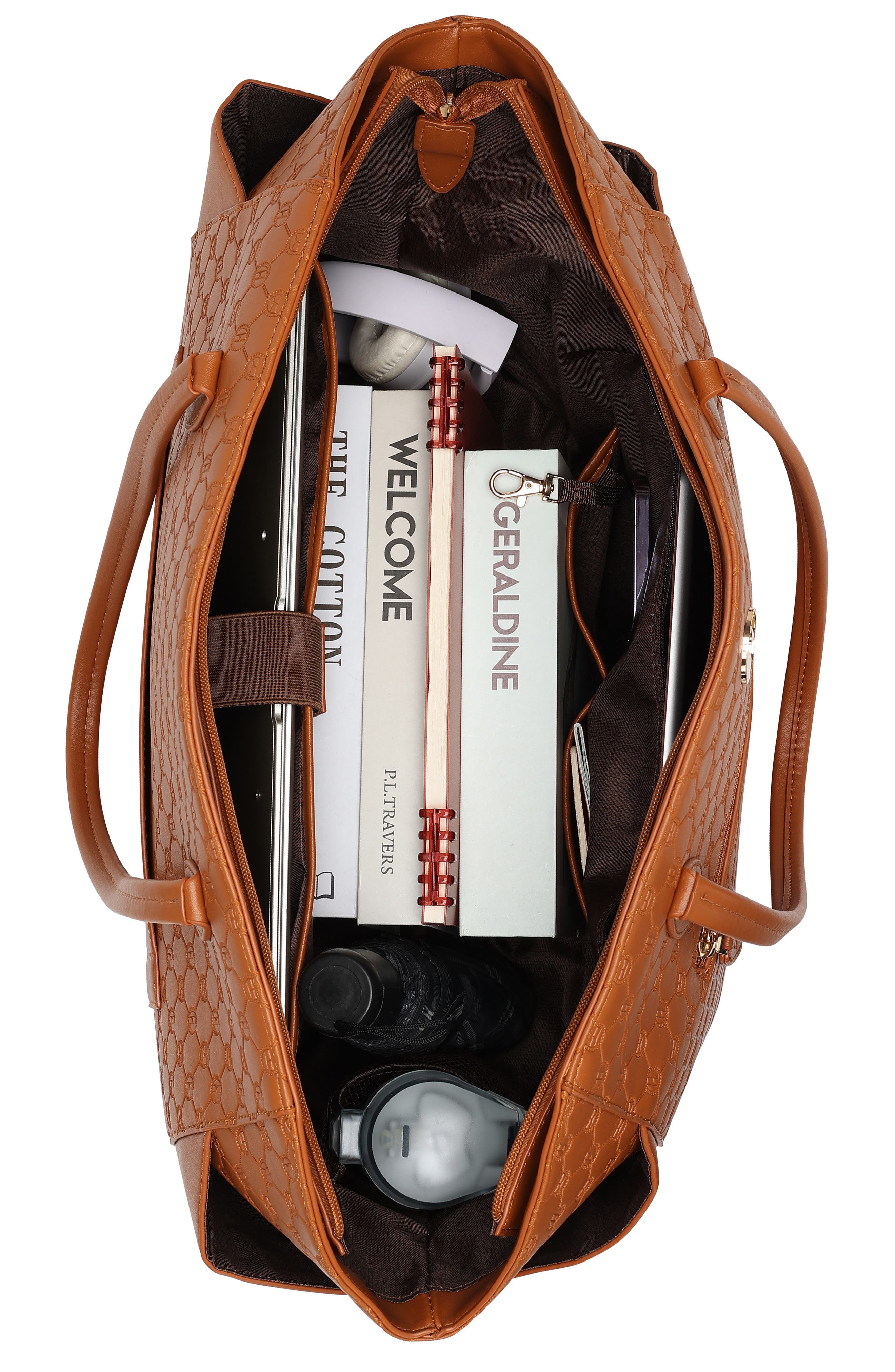 ELLE Compass 32L Vegan Leather Monogram Weekender Duffel Bag, Alternate, color, Brown